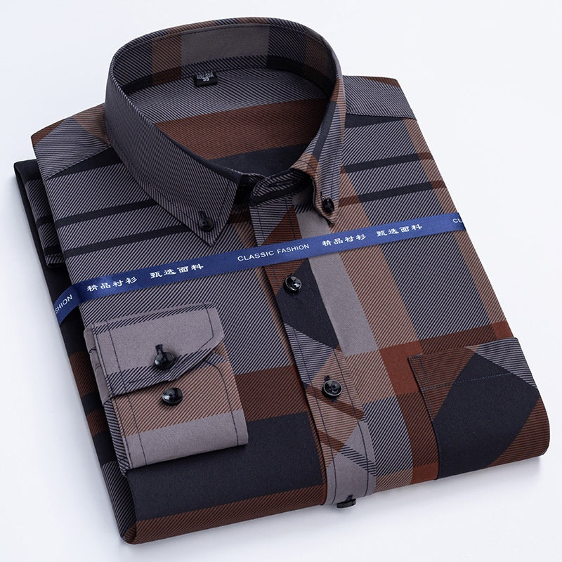 Middle-aged And Elderly Men's Non-ironing Anti-wrinkle Shirt Casual Bronzing Plaid Shirt