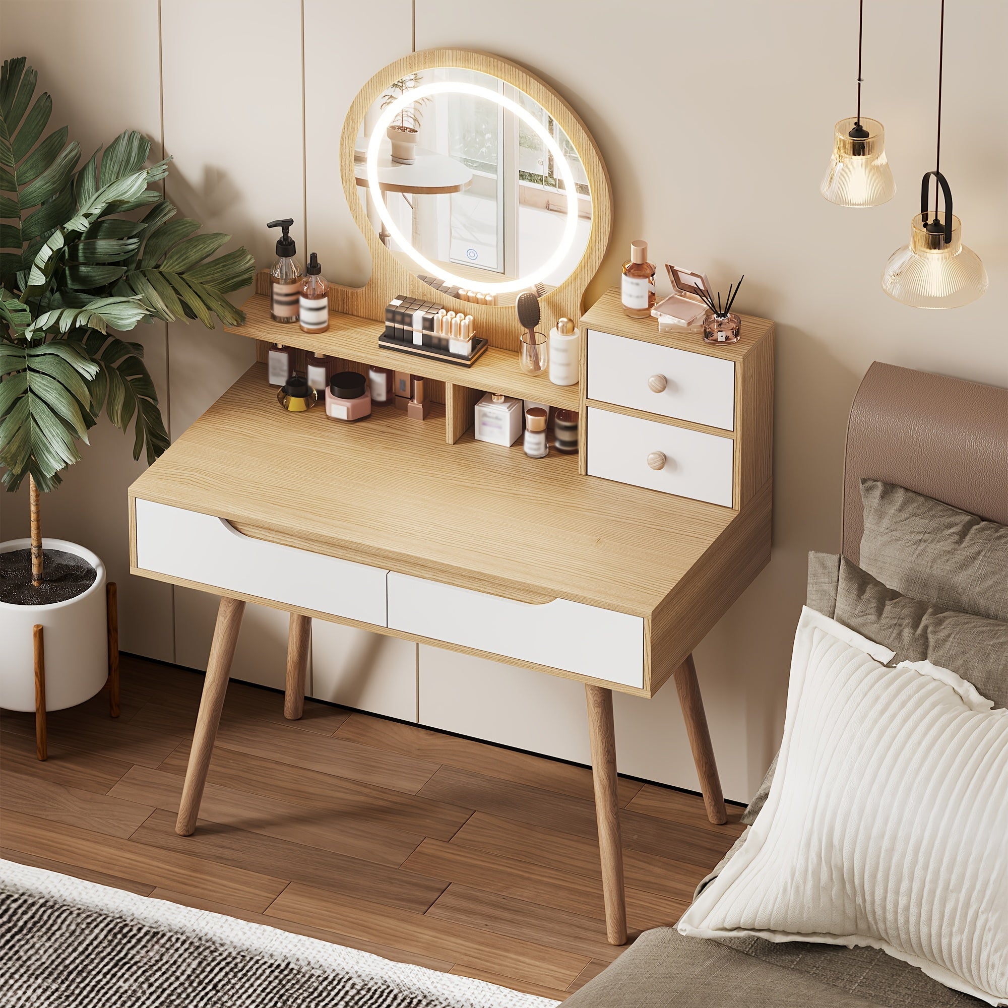 Vanity Desk with 3-Mode Lighted Mirror & 4 Drawers