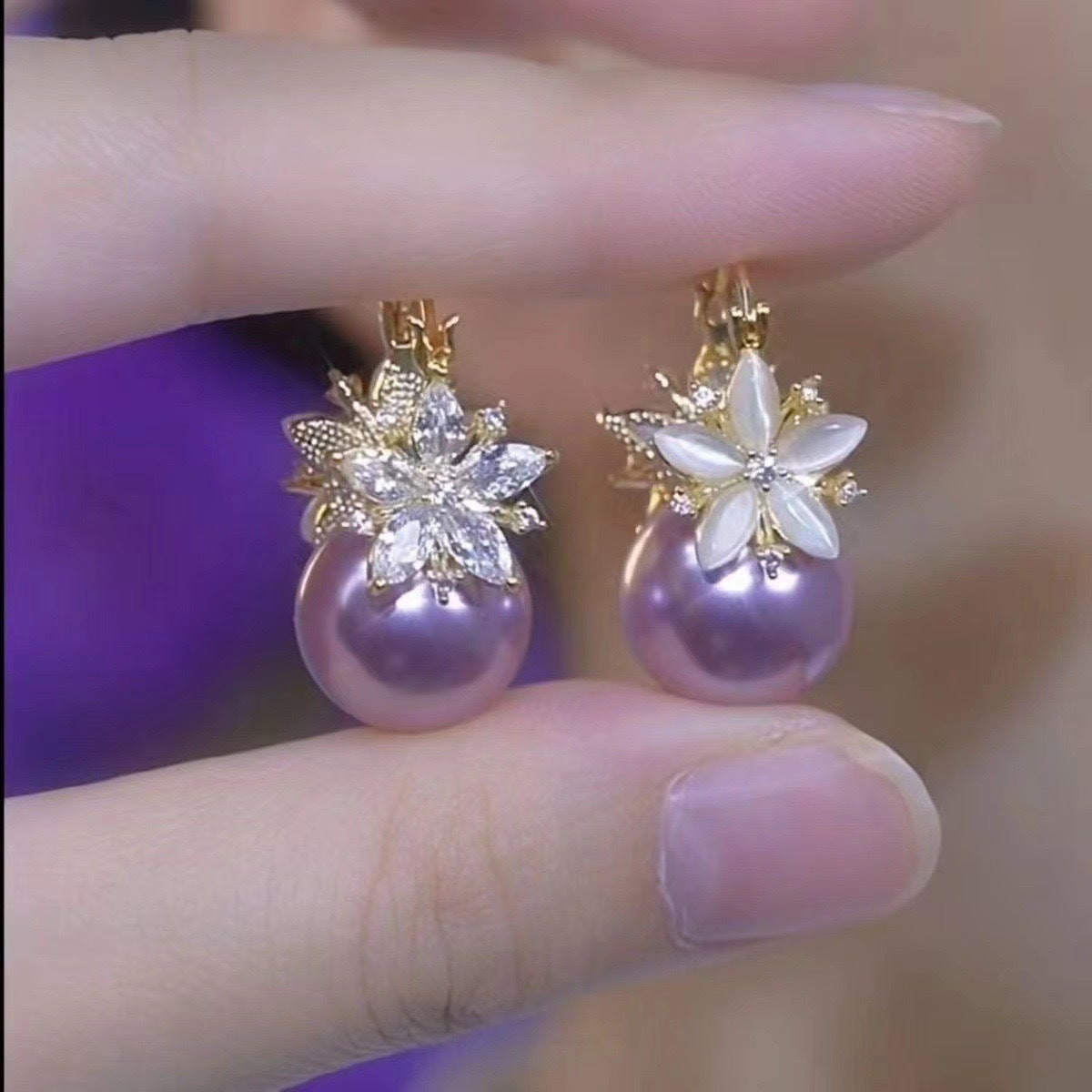 Purple Pearl Flower Earrings