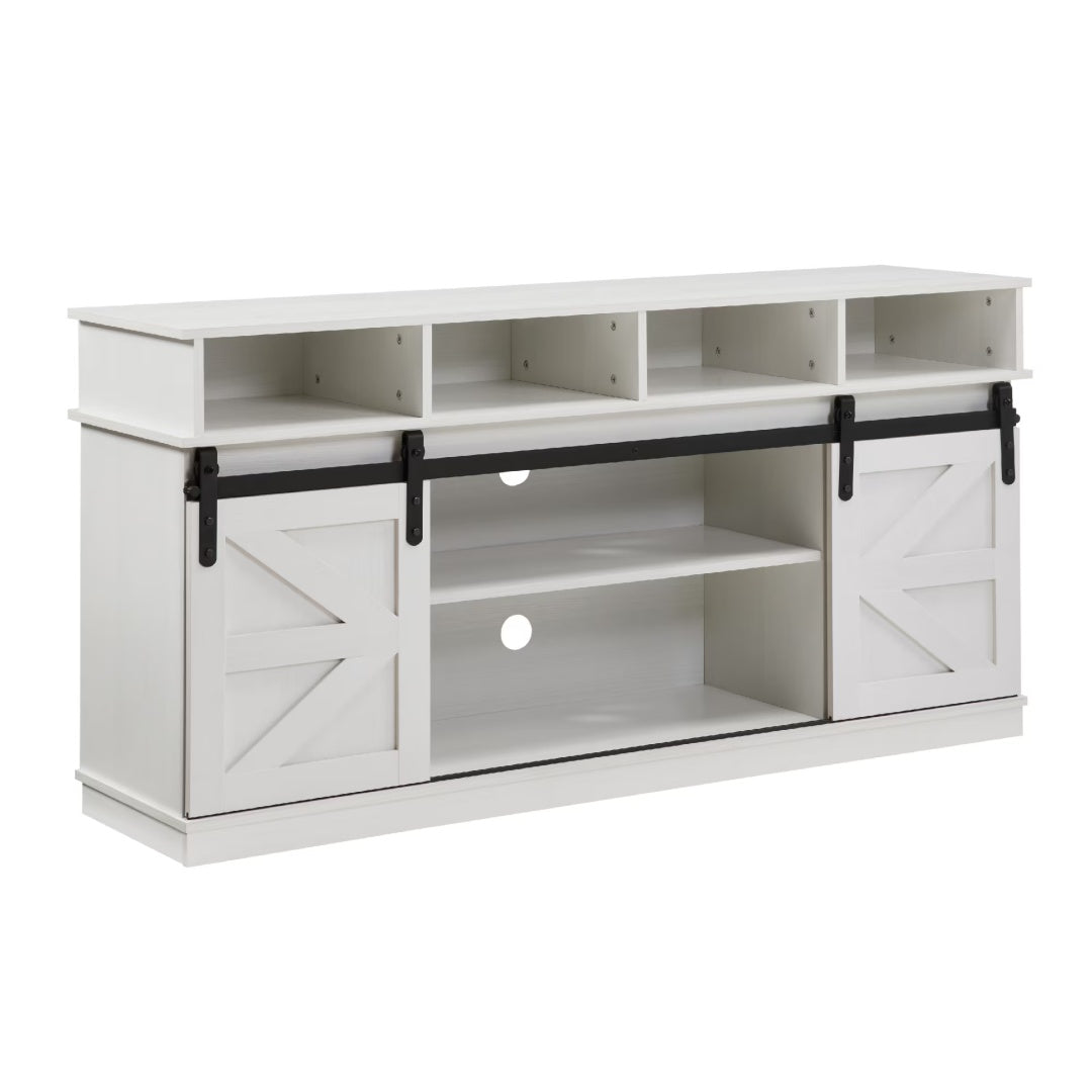 Sliding Barn Door TV Stand with Adjustable Shelves – White Farmhouse Entertainment Center