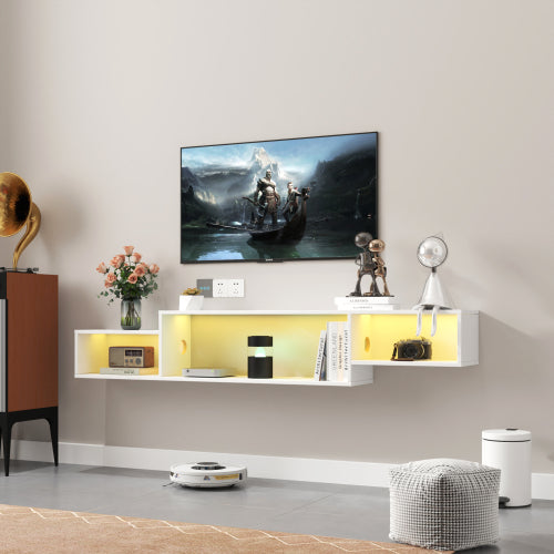 Wall-Mounted Floating TV Stand with LED & Charger — 65in