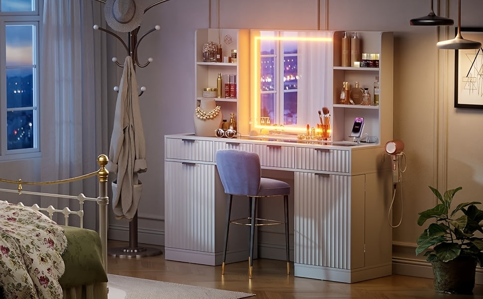 55'' Large Fluted Makeup Vanity Desk with Mirror And Lights, Glass Top Makeup Vanity with Large Storage Spaces, 4 Drawers And 18 Grids, White
