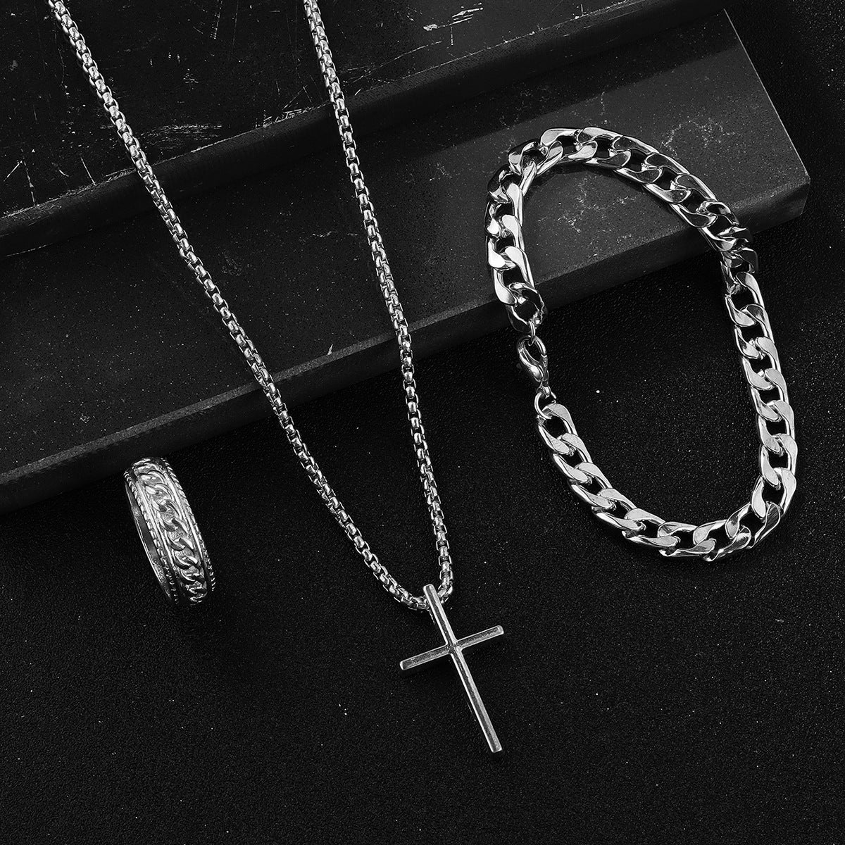 Men's Cross Necklace, Ring, & Bracelet Set