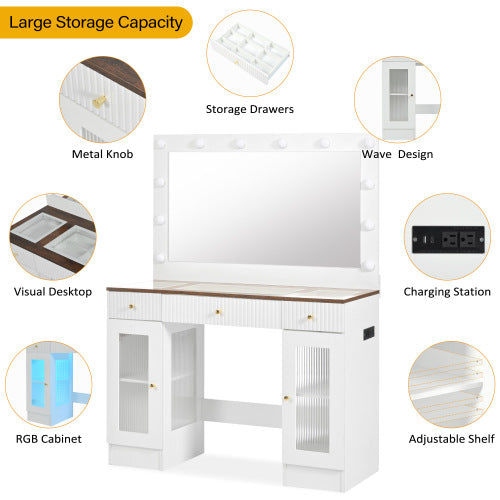 43in Vanity Desk with Hollywood Bulb Mirror & RGB