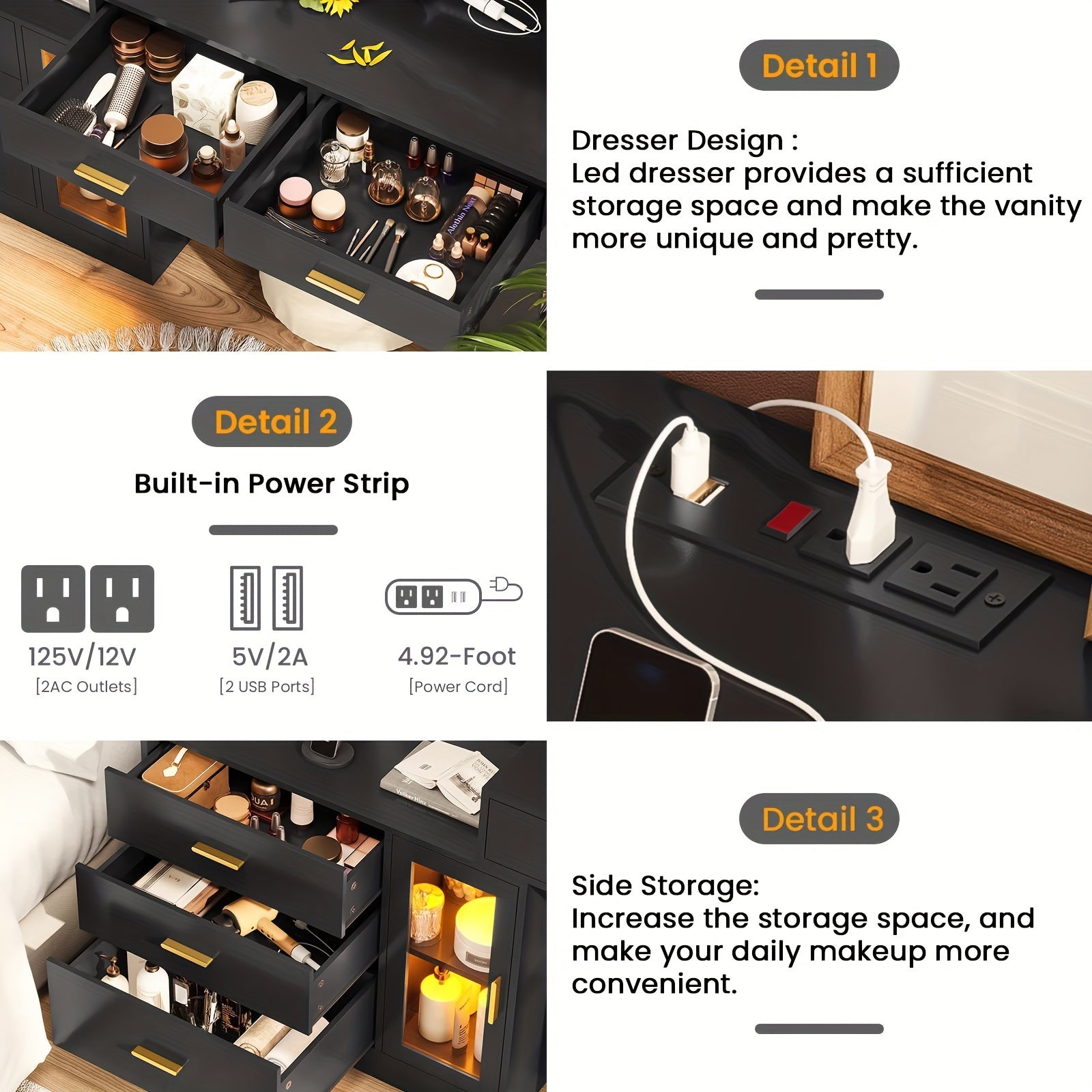 Black Vanity Desk with Mirror, Lights & USB Ports