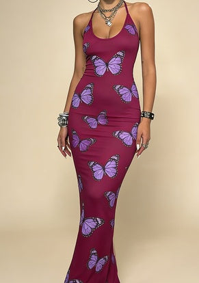 Y2K Halter Print Bodycon Maxi Dress