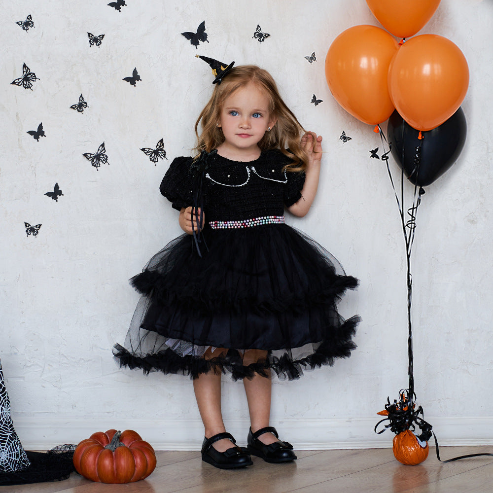 Girls' Halloween Puff Sleeve Mesh Dress