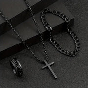 Men's Cross Necklace, Ring, & Bracelet Set
