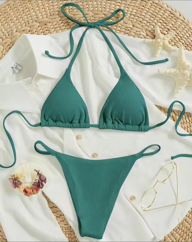 Sexy Ribbed Tie Bikini Set – Two‑Piece Swimsuit