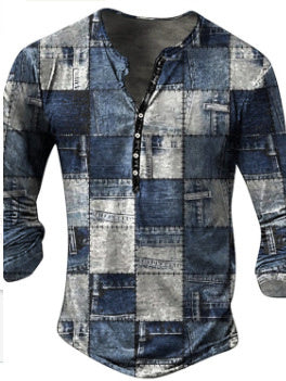 Open Placket Button Digital Printing Men's Long-sleeved T-shirt