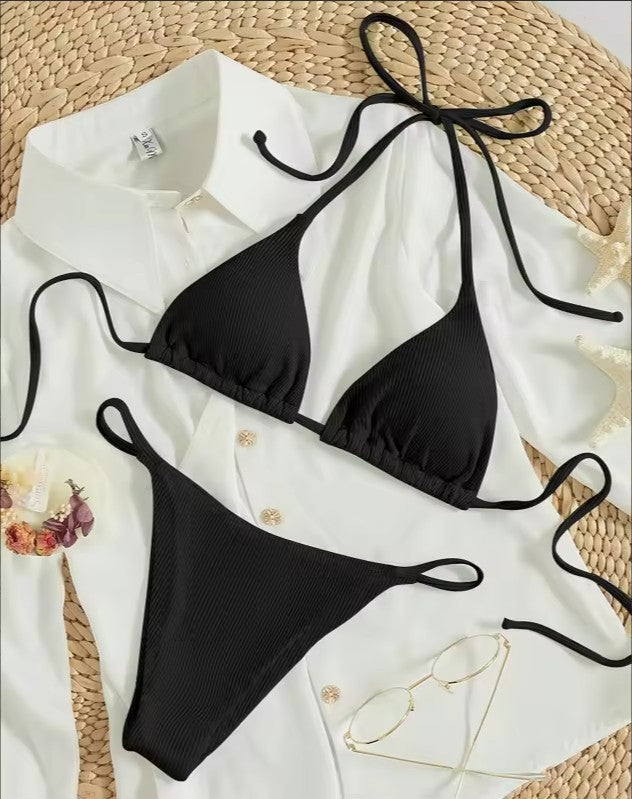 Sexy Ribbed Tie Bikini Set – Two‑Piece Swimsuit