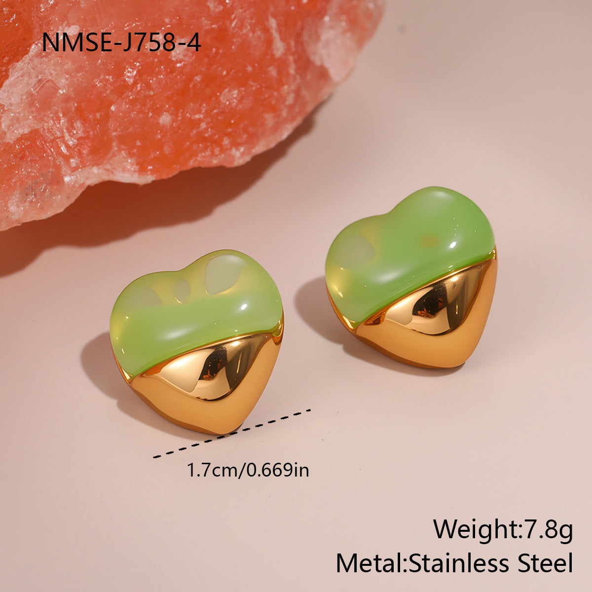 Love Heart-shaped Resin Stud Earrings Stainless Steel Earrings 18K Gold Plating