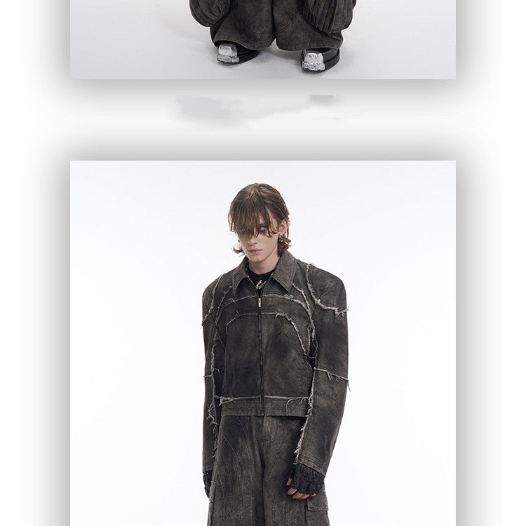 Short Gray Padded Shoulder Denim Coat