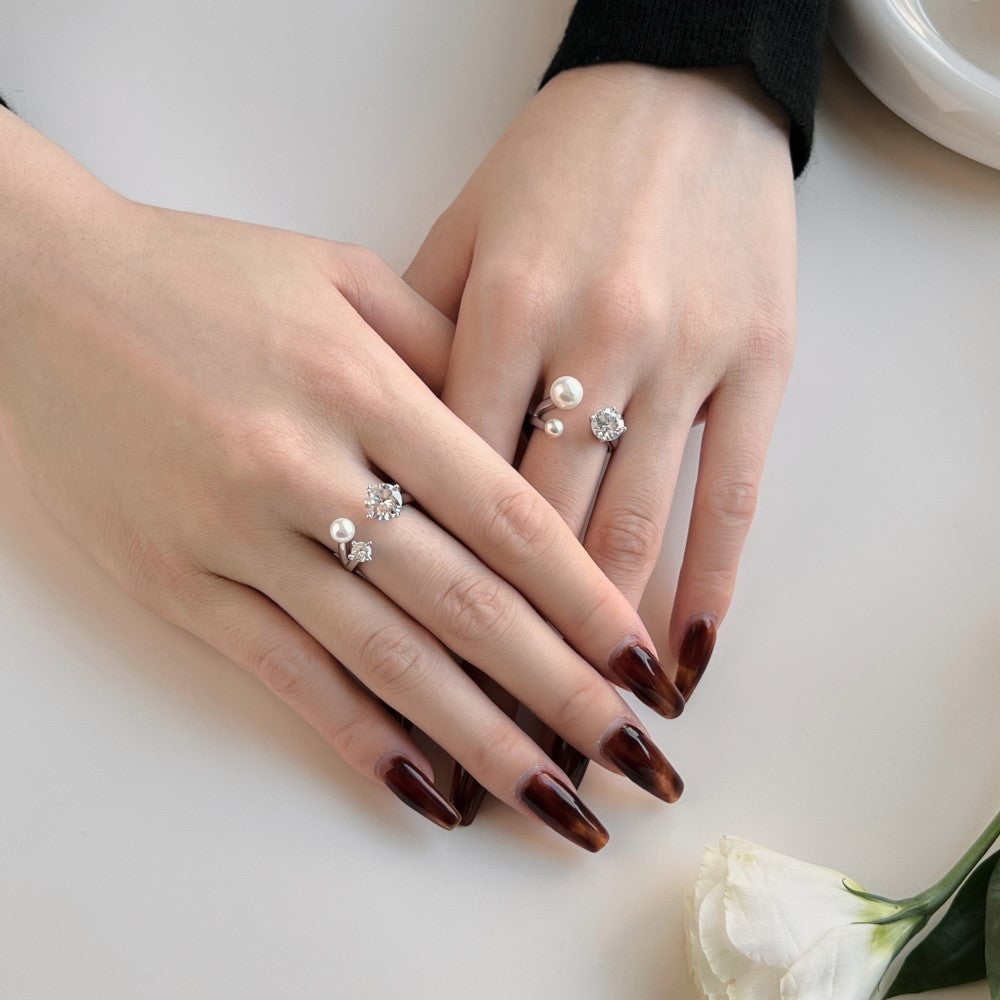 Sterling Silver Pearl & Zircon Open Ring