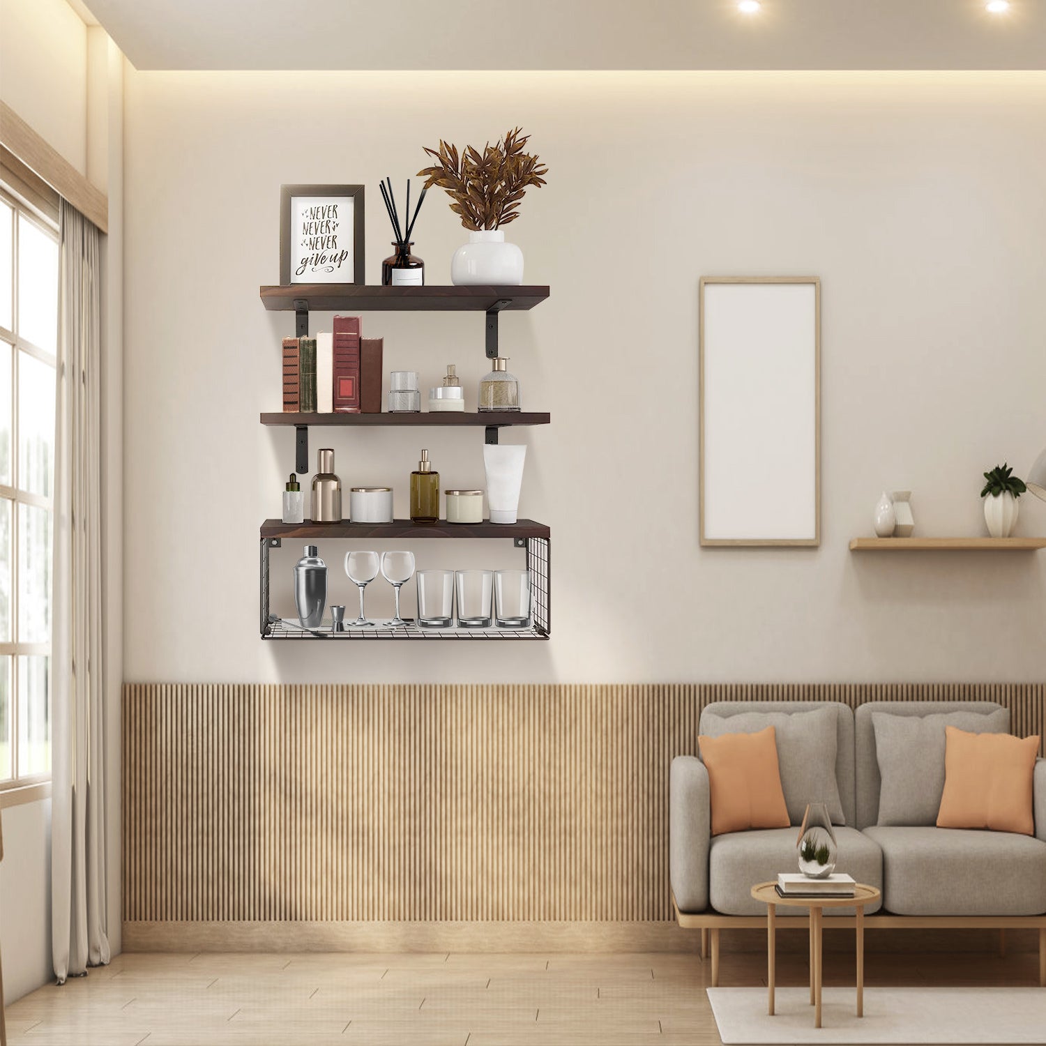 2-in-1 Floating Wall Shelves with Storage Basket