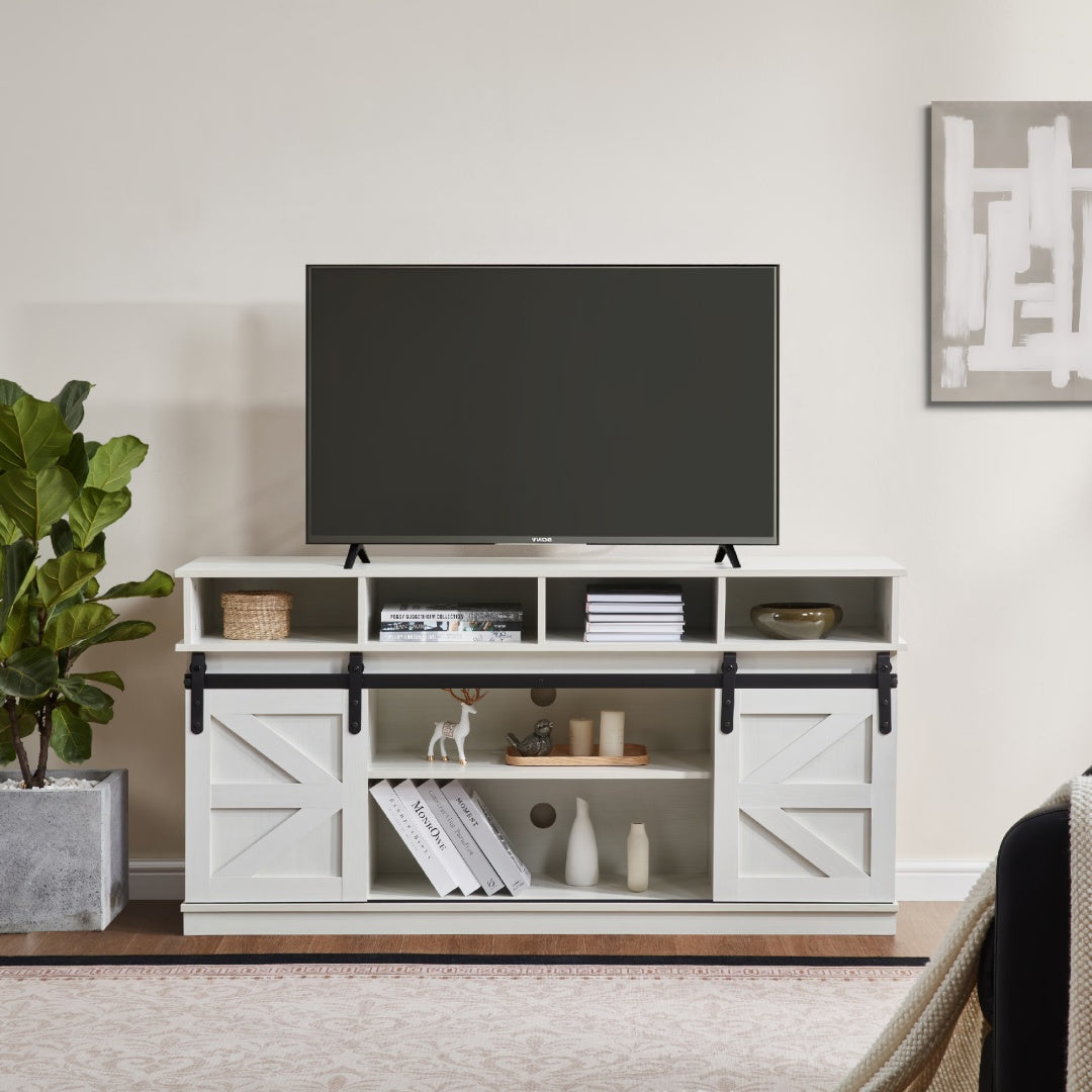 Sliding Barn Door TV Stand with Adjustable Shelves – White Farmhouse Entertainment Center