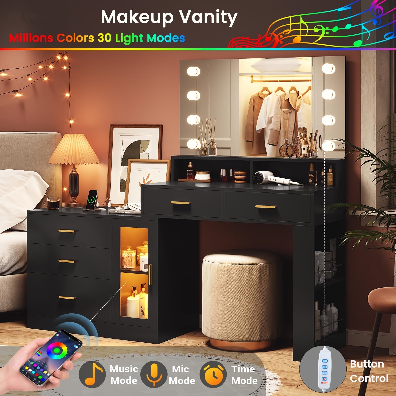 Black Vanity Desk with Mirror, Lights & USB Ports