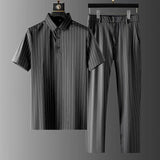 Men's Ice Silk Stripes Casual Short Sleeve Trousers Suit