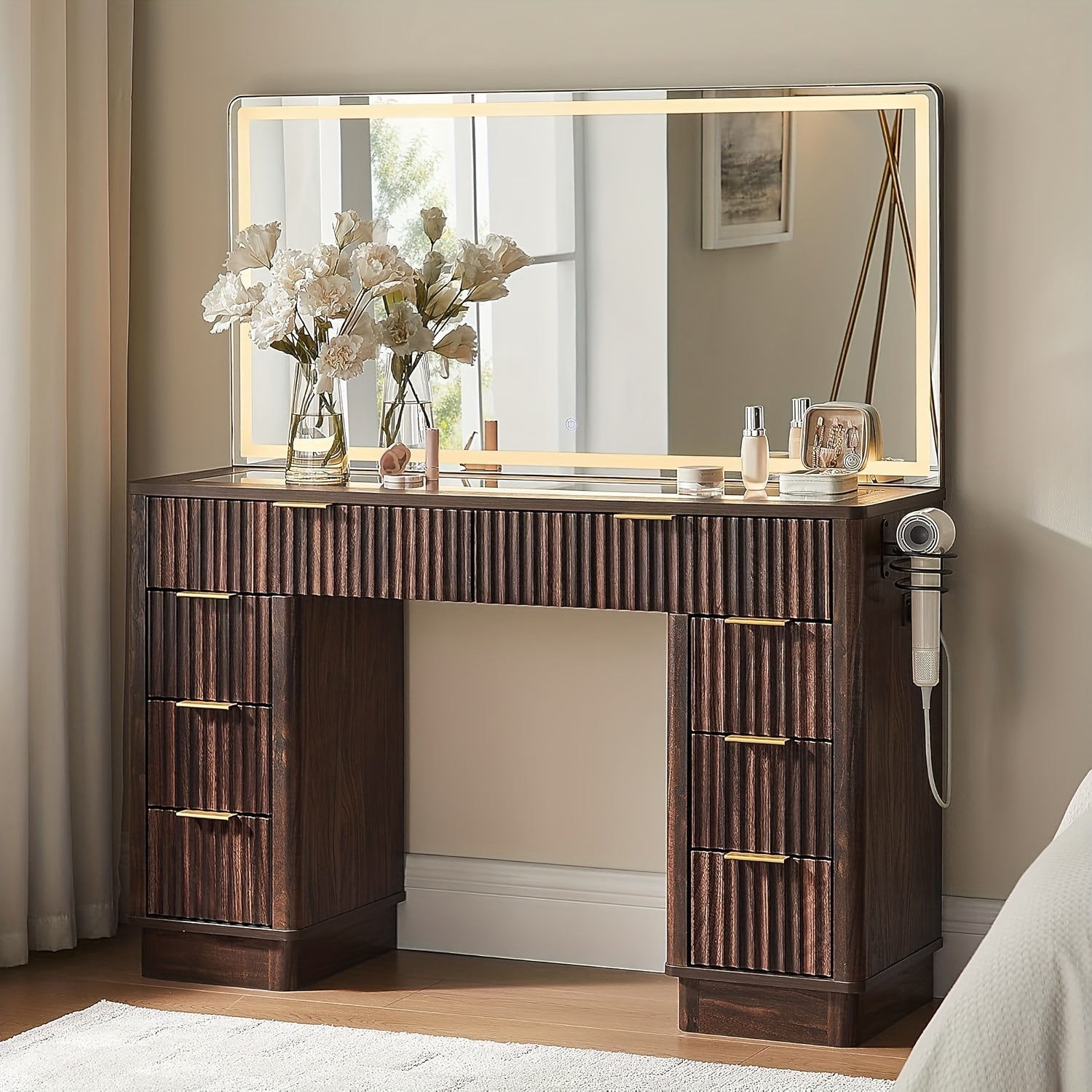 48in Fluted Vanity Desk with LED Mirror & Charger