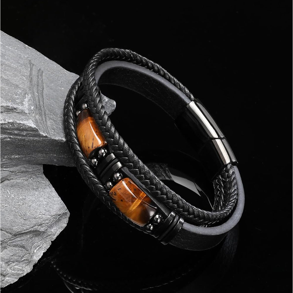 Tiger Eye Stone Braided Leather Bracelet