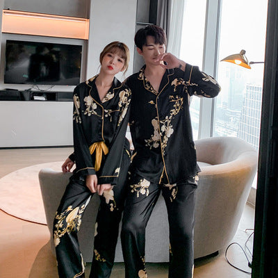 Black Faux Silk Couples Pajama Set
