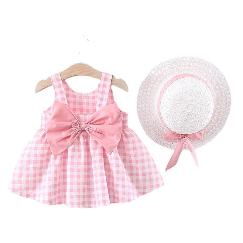 Baby Plaid Skirt with Straw Hat Set