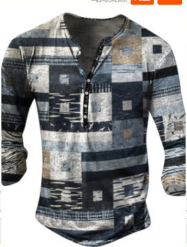 Open Placket Button Digital Printing Men's Long-sleeved T-shirt