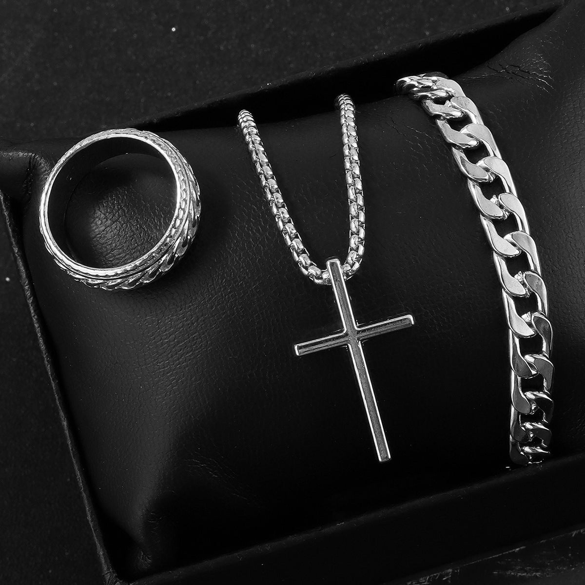 Men's Cross Necklace, Ring, & Bracelet Set