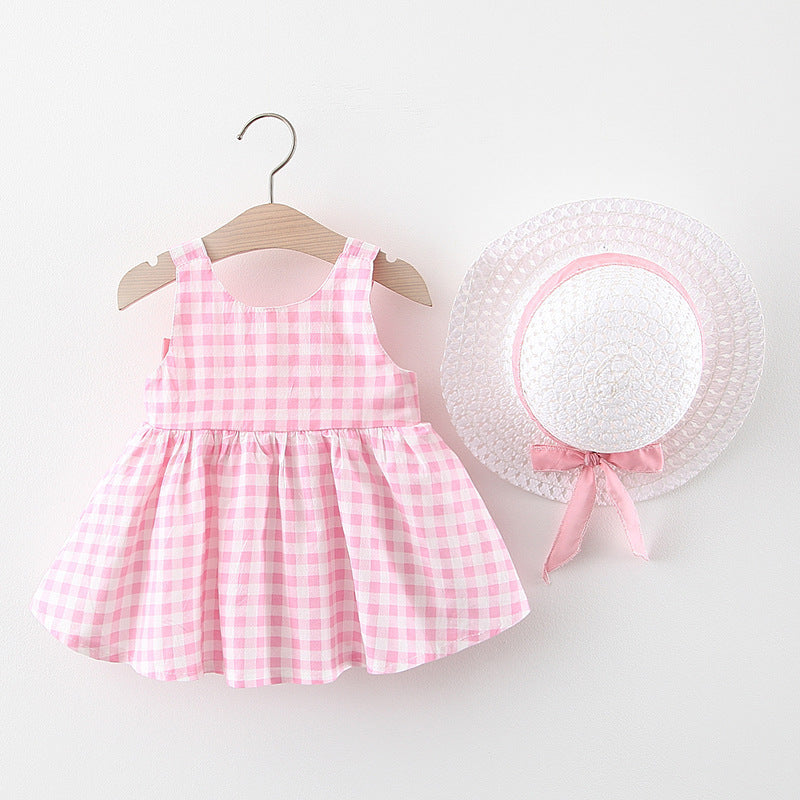 Baby Plaid Skirt with Straw Hat Set