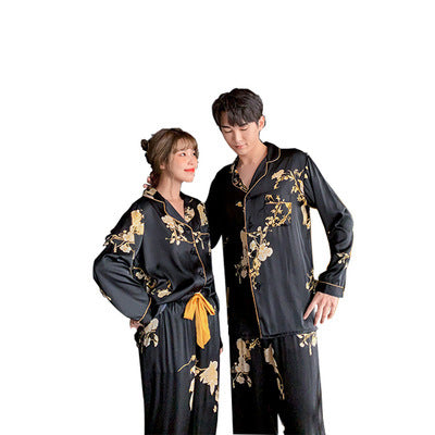Black Faux Silk Couples Pajama Set