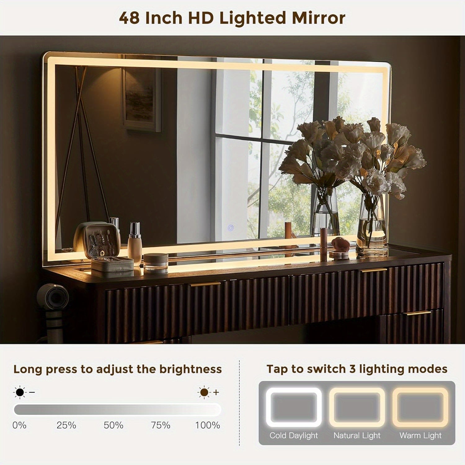 48-inch Fluted Makeup Vanity Desk with Large LED Lighted Mirror, 8 Drawers & Charging Station - Glass Top Modern Dressing Table with Adjustable Lighting, Hardwood Construction, Grey Tones, Space-Saving Design for Bedroom