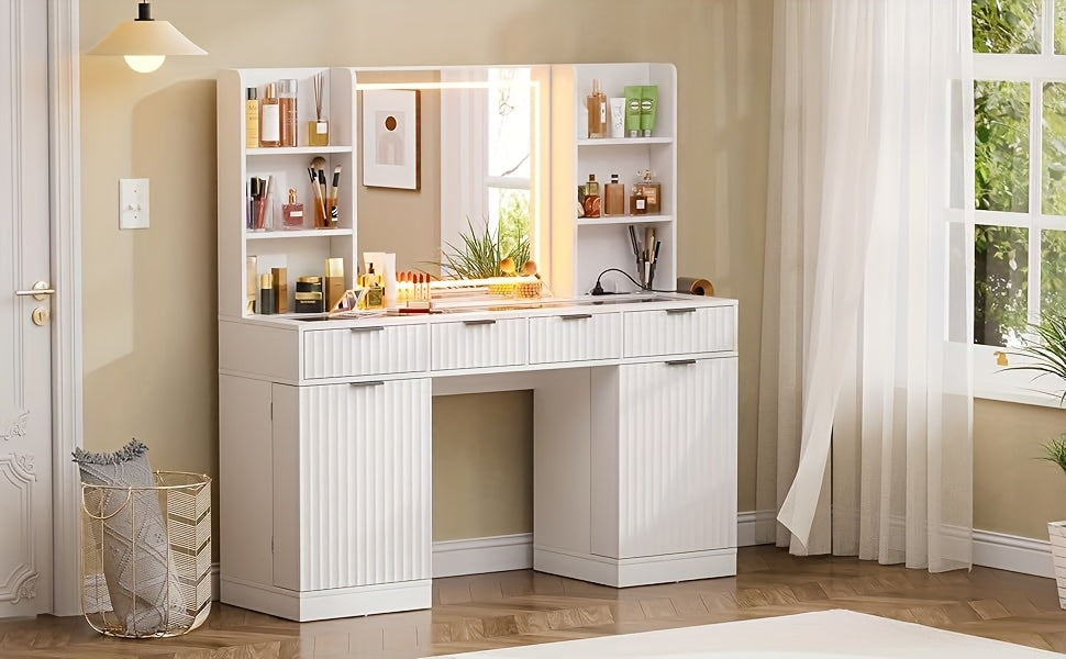55'' Large Fluted Makeup Vanity Desk with Mirror And Lights, Glass Top Makeup Vanity with Large Storage Spaces, 4 Drawers And 18 Grids, White