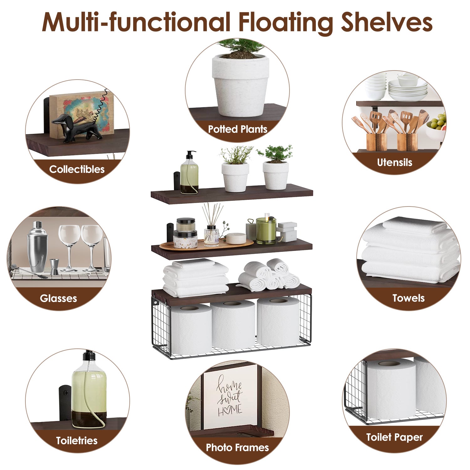 2-in-1 Floating Wall Shelves with Storage Basket