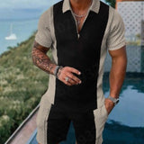 Men's Stripe Print Lapel Zipper Two-Piece Suit