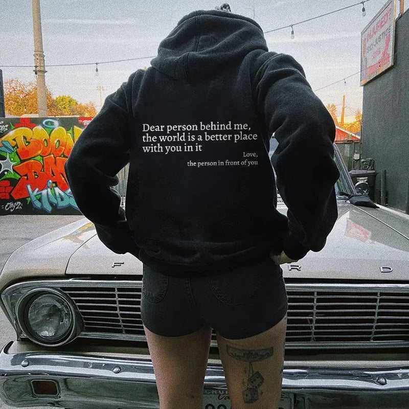 "Dear Person Behind Me" Plush Drawstring Hoodie