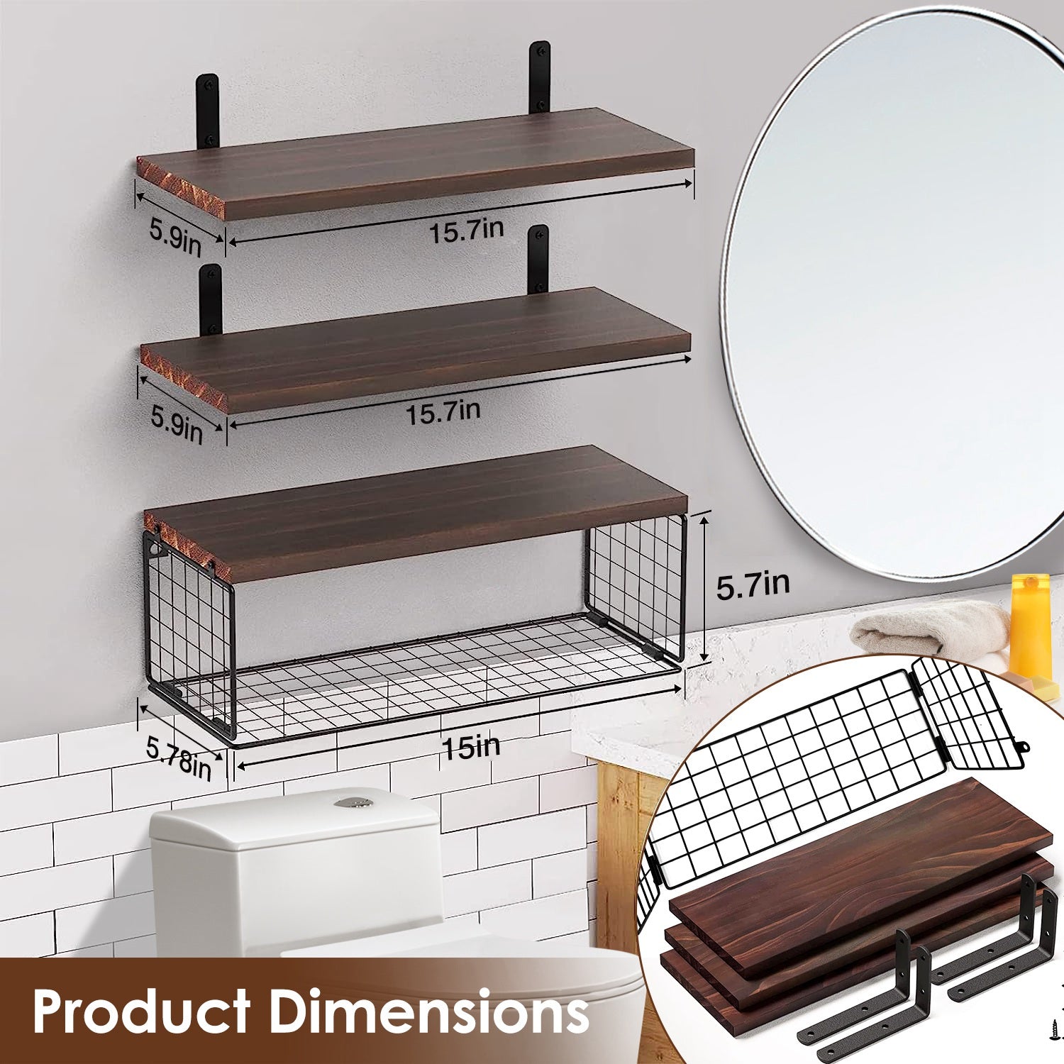 2-in-1 Floating Wall Shelves with Storage Basket