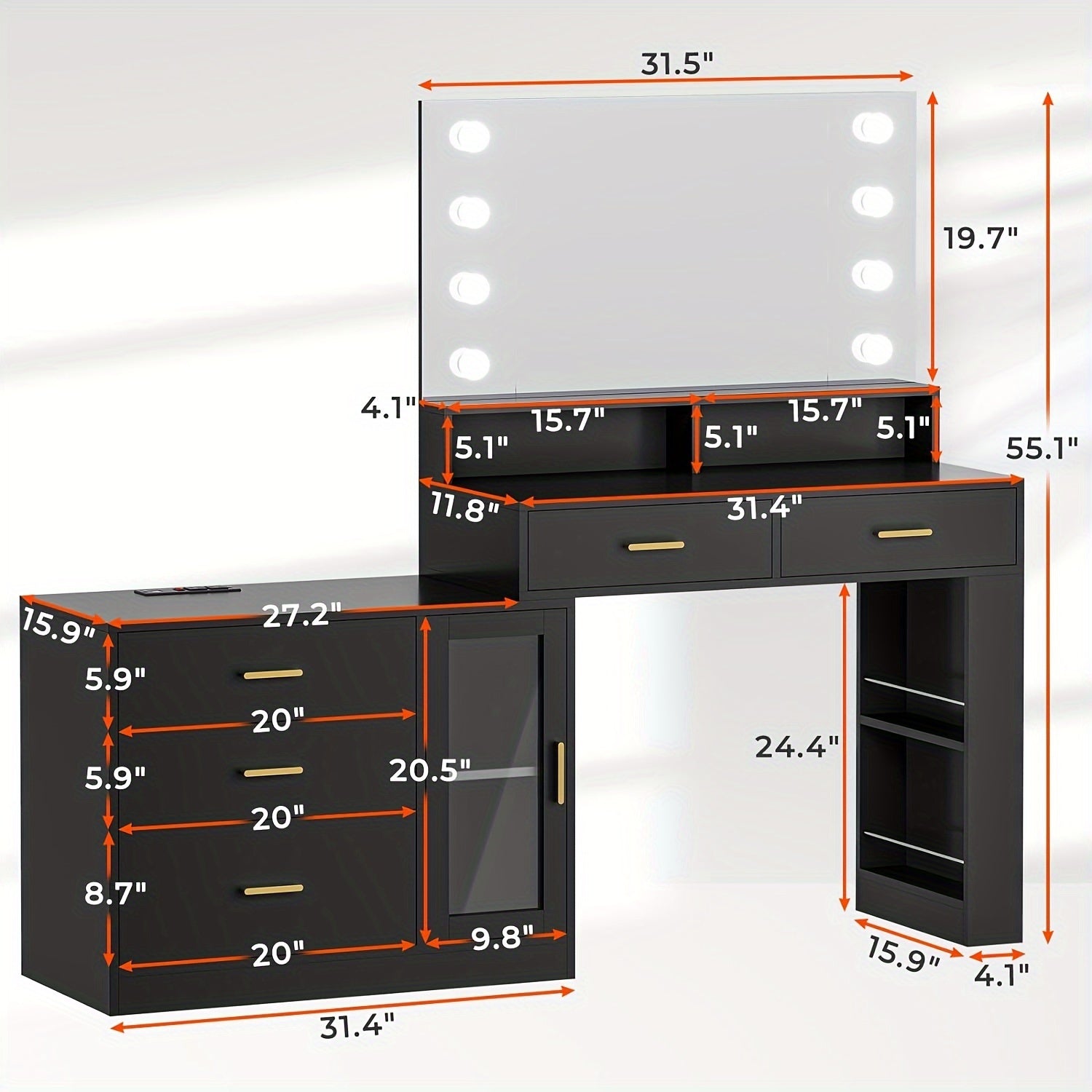 Black Vanity Desk with Mirror, Lights & USB Ports