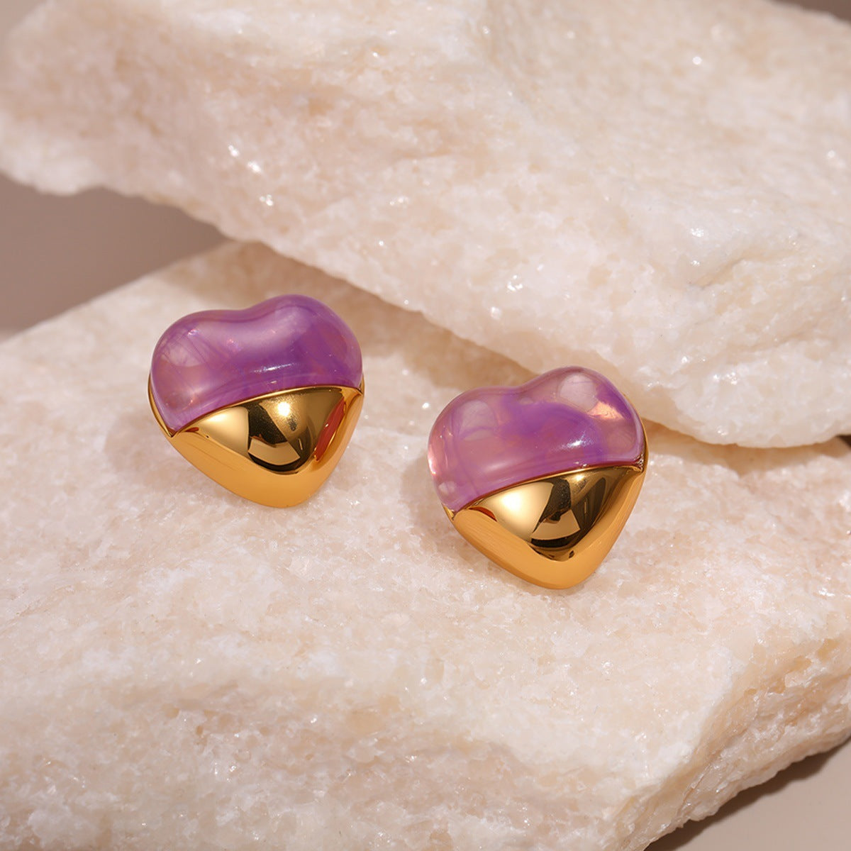 Love Heart-shaped Resin Stud Earrings Stainless Steel Earrings 18K Gold Plating