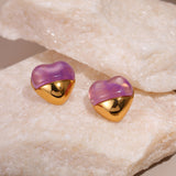 Love Heart-shaped Resin Stud Earrings Stainless Steel Earrings 18K Gold Plating