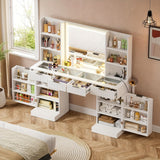 55'' Large Fluted Makeup Vanity Desk with Mirror And Lights, Glass Top Makeup Vanity with Large Storage Spaces, 4 Drawers And 18 Grids, White