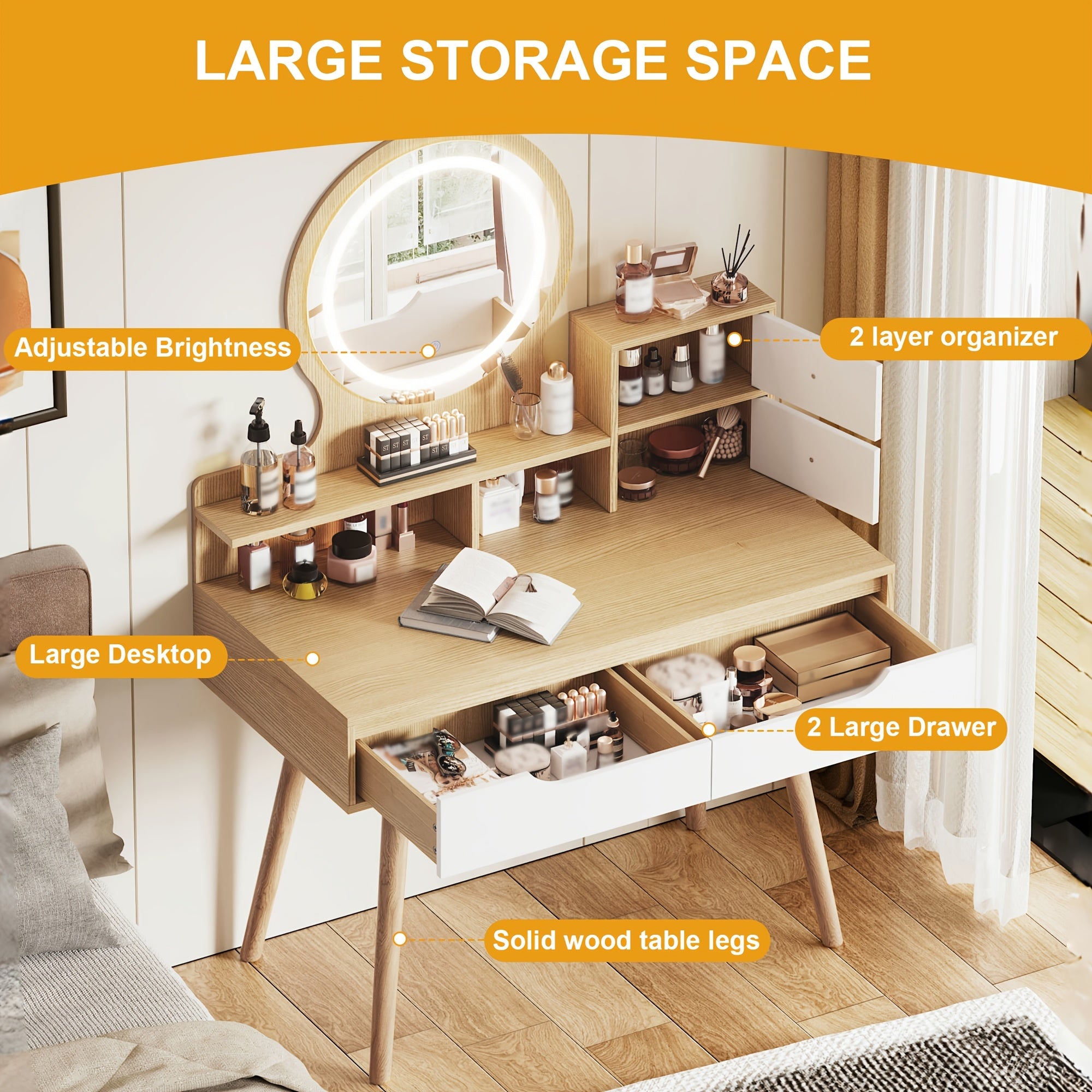 Vanity Desk with 3-Mode Lighted Mirror & 4 Drawers