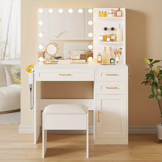Vanity Desk with Lights, Makeup Vanity Desk with Mirror & Power Outlet, 3 Colors Lighting Adjustable Brightness, easy to assemble following the step-by-step instructions, 3 Drawers, White