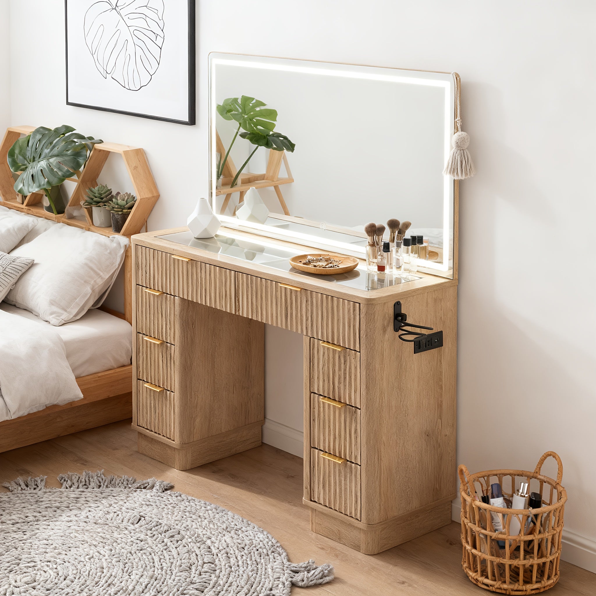 48in Fluted Vanity Desk with LED Mirror & Charger