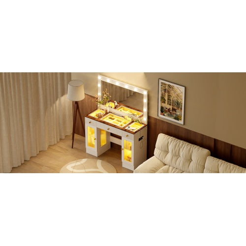 43in Vanity Desk with Hollywood Bulb Mirror & RGB