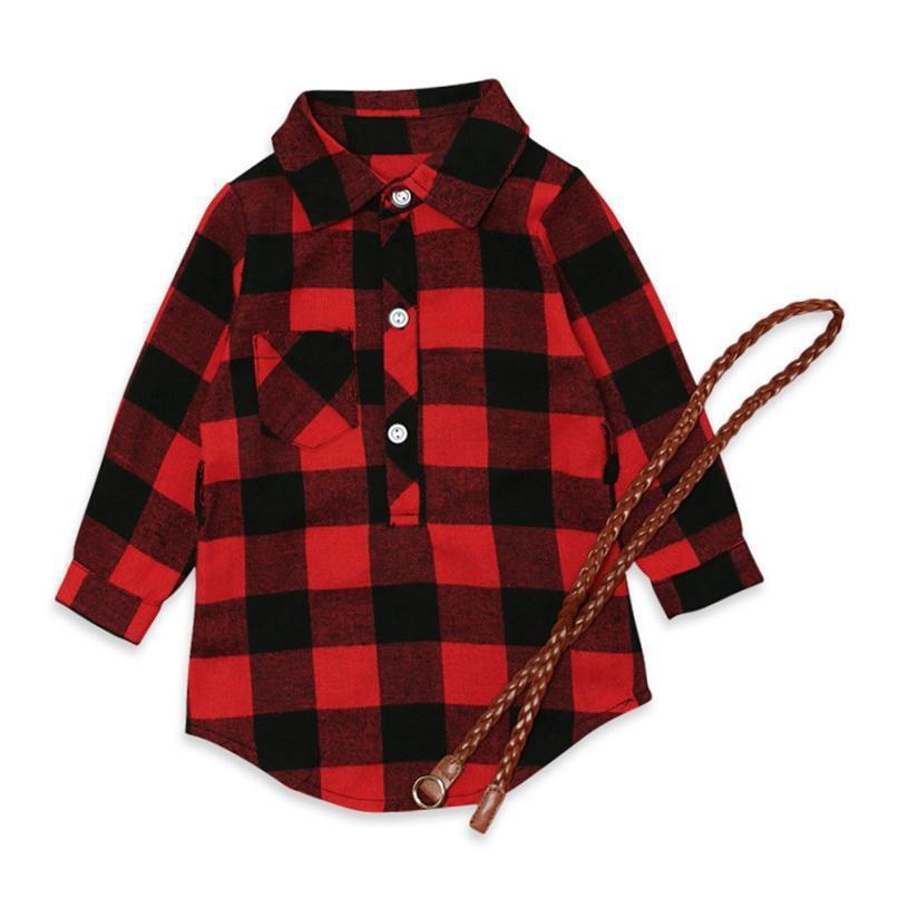 Girls' Long Red Plaid Dress with Belt