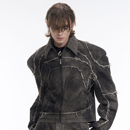 Short Gray Padded Shoulder Denim Coat