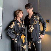 Black Faux Silk Couples Pajama Set