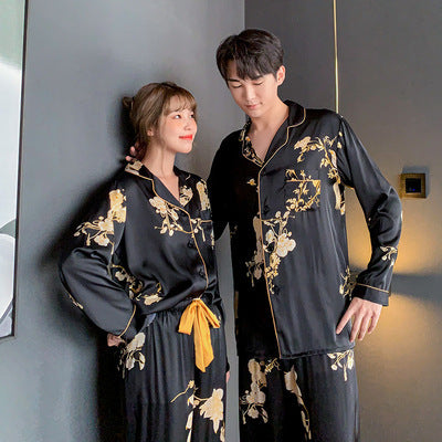Black Faux Silk Couples Pajama Set