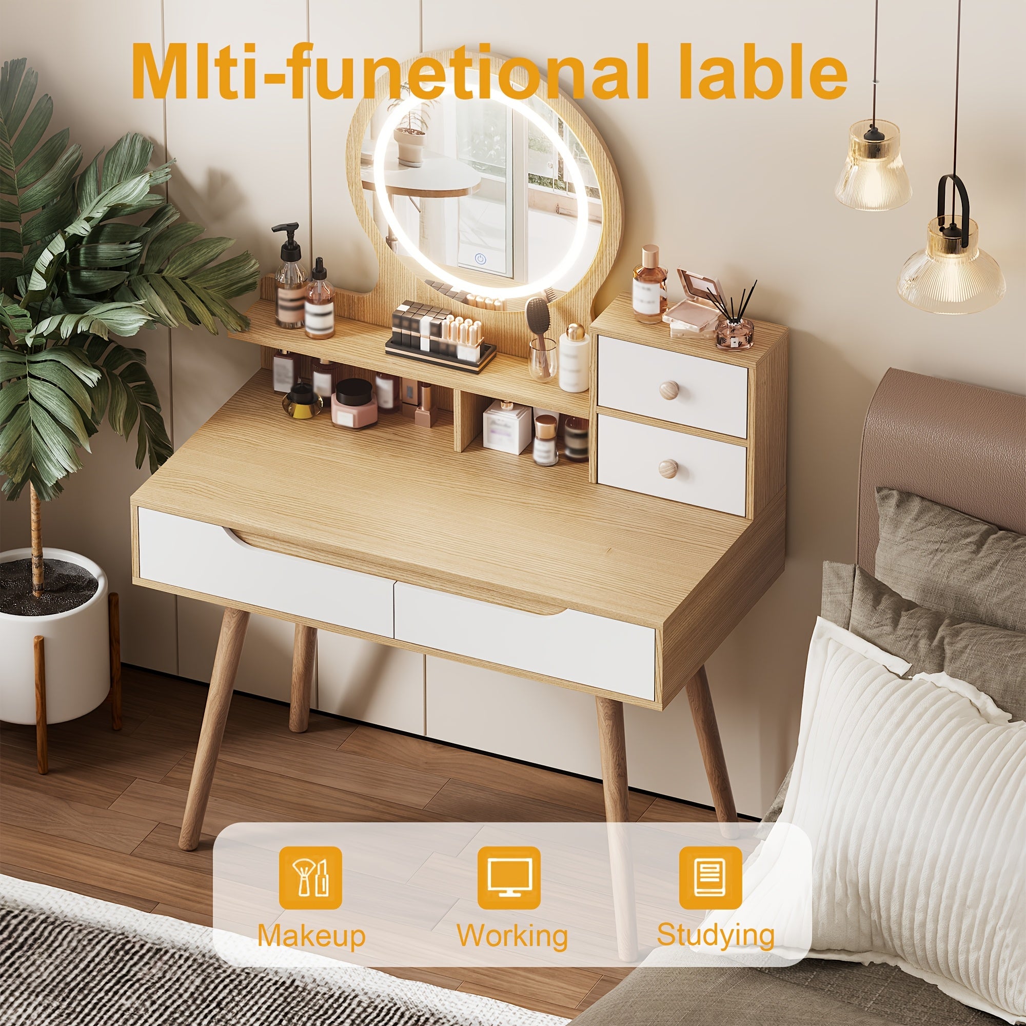 Vanity Desk with 3-Mode Lighted Mirror & 4 Drawers