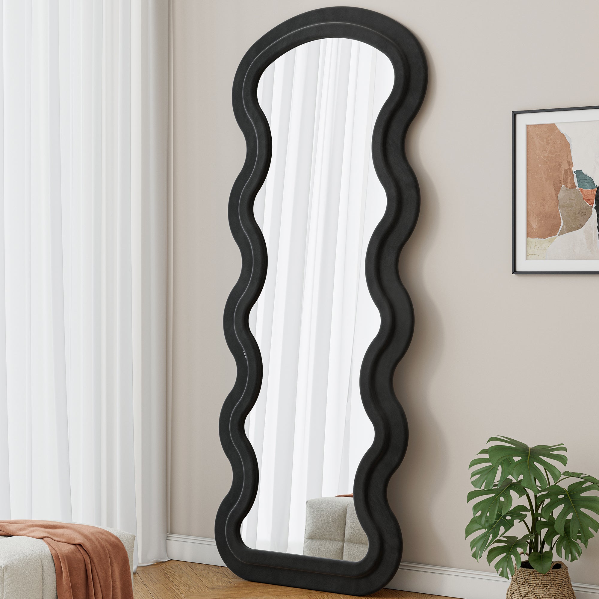 Black Wave Floor Mirror — Flannel-Wrapped
